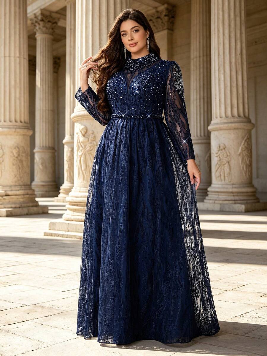 Plus Size Fall Winter Elegant Shiny Sequin Beaded Rhinestone Embroidered Lace A‑Line Maxi Dress, Mock Neck Long Sleeve Evening Gown For Party Wedding - Royal Blue - View 1