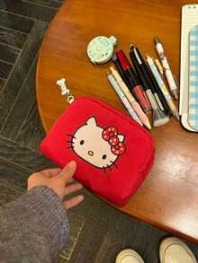 SANRIO 1 Piece Red Embroidered Hello Kitty Polka Dot Bow Decor Waterproof Nylon Large Capacity Zipper Closure Cute Cartoon Girl Style Cosmetic Bag, - Multicolor - View 1