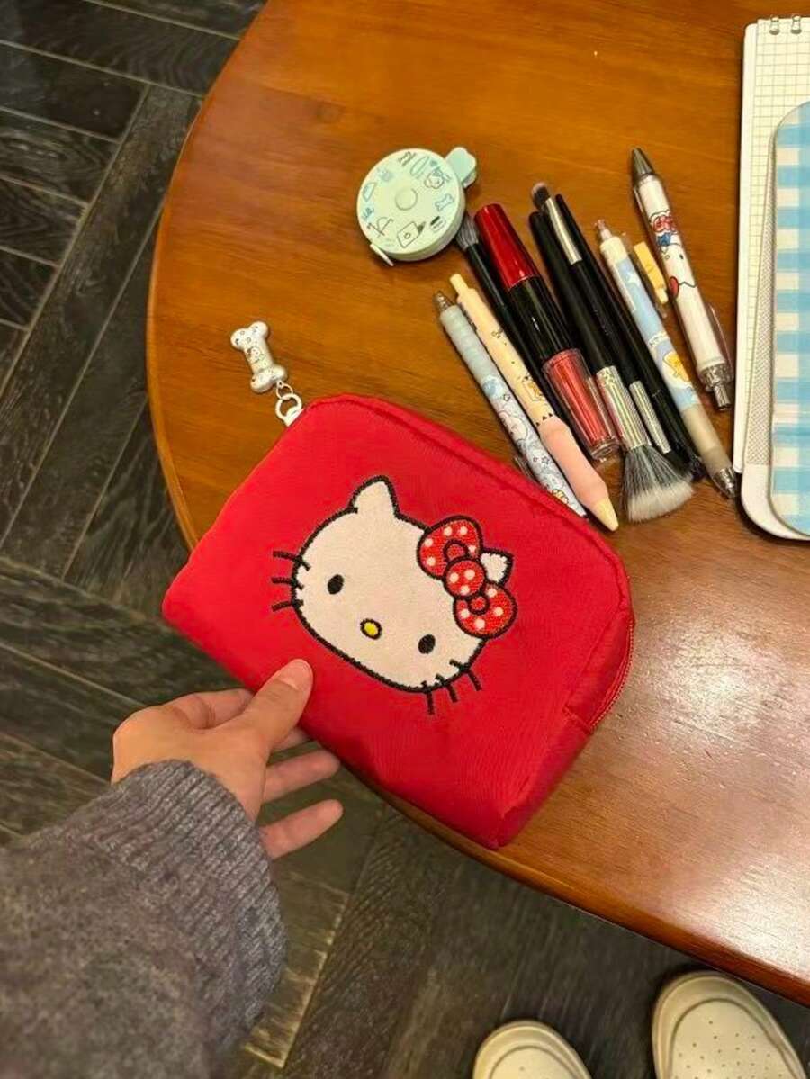 SANRIO 1 Piece Red Embroidered Hello Kitty Polka Dot Bow Decor Waterproof Nylon Large Capacity Zipper Closure Cute Cartoon Girl Style Cosmetic Bag, - Multicolor - View 1