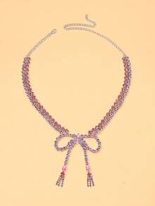 outingfit 1pc New Rhinestone Bow Tassel Necklace, European & American Party Style Sparkling Crystal Collarbone Chain - Silver - View 2