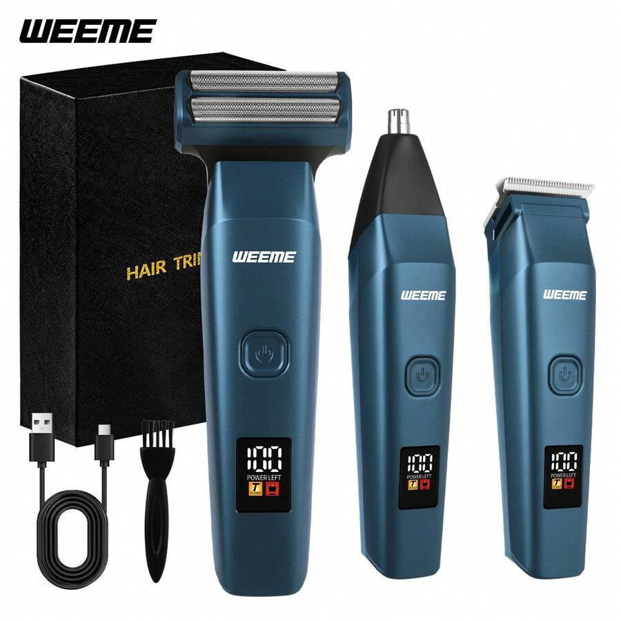 WEEME 3 In 1 Men Grooming Kit, Electric Foil Shaver Hair Clipper Nose Trimmer Set With 4 Guide Combs USB Rechargeable LED Digital Display, Available In Black/Gray/Blue