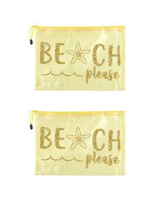 防水PVC沙灘包，亮色彩色「Beach」字母印花，A4尺寸透明化妝包，尼龍拉鍊網格收納袋，輕便攜式盥洗用品收納袋，透明沙灘配件包，適合游泳、潛水、夏季度假、郵輪旅行，適用於年輕男女，旅行必備，度假禮物，母親節禮物 - 彩色 - 查看 16