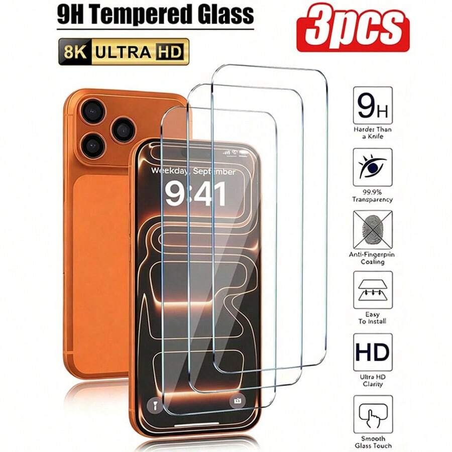 3片裝相容 iPhone 17、15 Pro、13 Pro 高畫質玻璃螢幕保護貼，易安裝，手機配件，9H 硬度，玻璃材質，防水防刮，相容 iPhone 17 螢幕保護貼，相容 iPhone 15 Pro 螢幕保護貼，相容 iPhone 13 Pro 螢幕保護貼 [國際版非本地版]