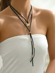 1pc Vintage Black Rope Necklace With Geometric Square Pendant And Multiple Spherical Metal Multi-Layer Y-Shaped Necklace, Suitable For Daily Wear, Gifts, Vacation And Party, Women's Necklace - Golden - View 3