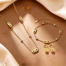 Premium 18K Gold Letter 3 PiecesJewelry Set, Rhinestone Studded Thin Chain Necklace, Bracelet And Earrings, Elegant Women's Accessories, Suitable For Daily Wear - Multicolor - View 10