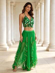 Professional Belly Dance Sequin Coin Fringe Halter Crop Top, Elastic Waist Side Slit Layered Chiffon Skirt For Dance Training, Stage Shows And Competitions - Multicolor - View 1