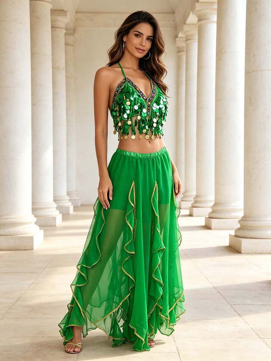 Professional Belly Dance Sequin Coin Fringe Halter Crop Top, Elastic Waist Side Slit Layered Chiffon Skirt For Dance Training, Stage Shows And Competitions - Multicolor - View 1