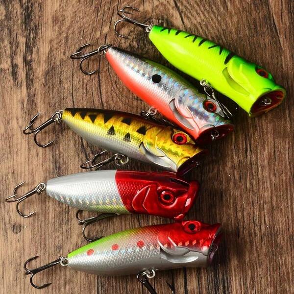 5 piezas de señuelos de pesca de superficie tipo popper, señuelo duro artificial con movimiento oscilante, equipo de pesca de plástico con anzuelo tamaño 6