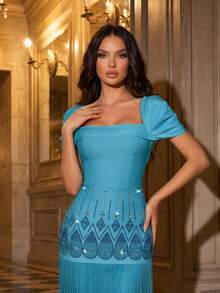 Modphy European & American New Heavy-Duty Gold Foil Rhinestone Decorated High-End Tassel Spliced Bodycon Dress, Elegant Women's Birthday Party Wedding Fall - Blue - View 6