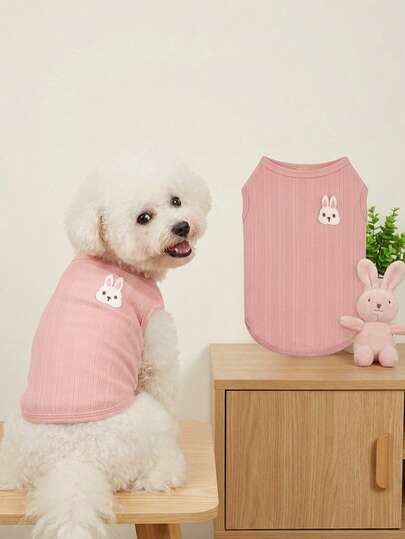 Solid Color Polyester Pet Vest With Rabbit Embroidery Pattern, Dog Clothes, Cat Supplies, Breathable All-Season Wear, Suitable For Small Dogs And Active Kittens, Elastic Sleeveless Design
