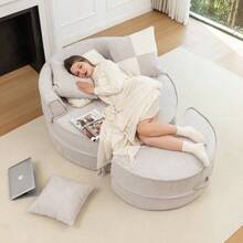 Round Sofa With 5 Cushions And Ottoman For Living Room And Bedroom - 灰色 - 查看 11