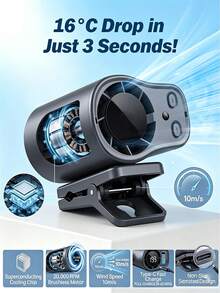 Car Clip-On Fan 360° Rotatable Mini Fan, Suitable For Car Sun Visor, Roof Handle, Seat Belt, Seat, Compact Portable Rechargeable Cooling Fan With LED Display, Suitable For Vehicle, SUV, RV, Van, Stroller, Hands-Free Waist-Clip And Neck-Hanging Fan, Suitable For Outdoor, Tent - A - View 4