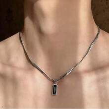 A Durable, Versatile Men's Adjustable Stainless Steel Cuban Necklace Featuring A Geometric Black Synthetic Zirconia Pendant, In A Stylish Hip-Hop Style - Multicolor - View 4