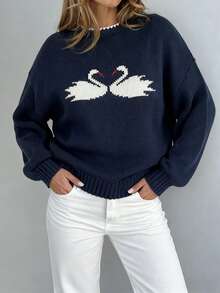 Suéter tipo pullover con patrón de cisne azul marino para mujeres, otoño/invierno - Azul Marino - Ver 3