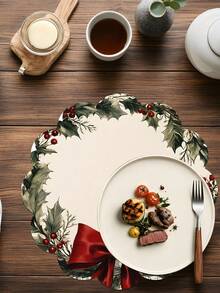 2/4/600pcs Christmas Party Flower Placemats - Vintage Holly And Red Bow Wreath; 13.78 Inch Linen Material; Tabletop Decor Non-Slip, Heat-Resistant And Machine Washable - Multicolor - View 5