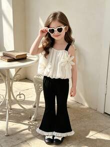 2pcs/Set Girls Summer Back To School Outfit, 4-7 Years Old, Apricot Fashionable Cute Chiffon 3D Floral Short Doll-Style Camisole Top With Elastic Waist, Black Flared Long Pants With Ruffle Hem, Comfortable Soft Casual Commute, Suitable For Spring/Summer Outings, Can Be Given As A Gift - Black - View 2