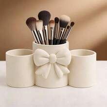 1pc Girl Style Bowknot 3-Compartment Makeup Brush Storage Box, Cream Color Desktop Cosmetic Organizer, Pen Holder, Portable Design, High Aesthetic, Unique Birthday Gift Idea For Girlfriend - Multicolor - View 1
