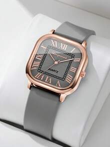 女款矽膠錶帶時尚休閒方形羅馬數字面盤石英手錶 (1件/組) 不含錶盒 - 灰色 - 查看 2