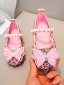 Girls' Pearl Design Princess Shoes, Bowknot Rhinestone Shoes, Versatile For Spring/Summer Outings And Daily Wear - Pink - View 3