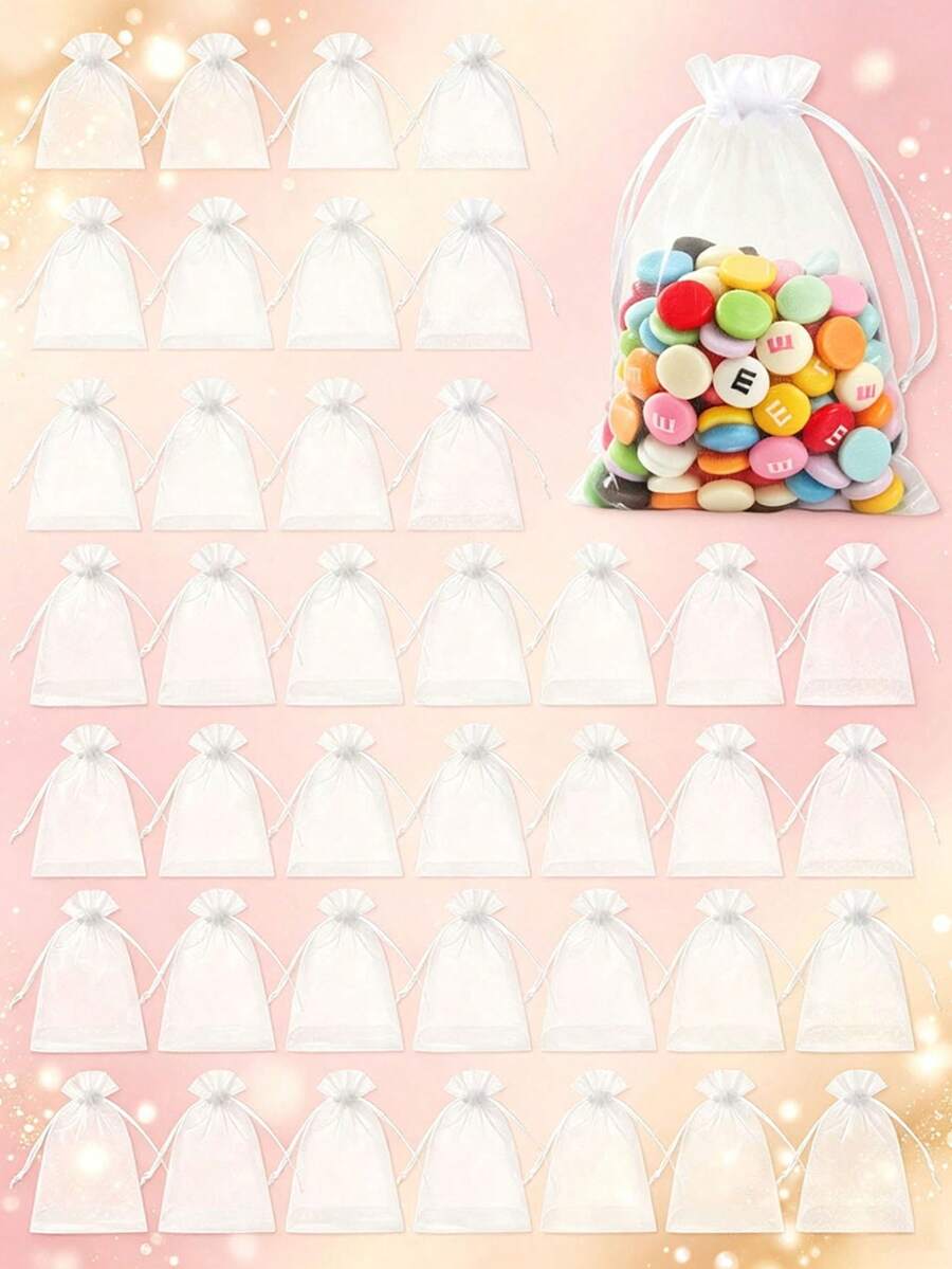 1/10/50pcs White Drawstring Gift Packaging Bags, Small Transparent Mesh Jewelry Storage Bags, Wedding Favor Bridal Party Candy Jewelry Earrings Bracelet Cosmetics Sample Mini Packaging Storage Gift Bags - Multicolor - View 1