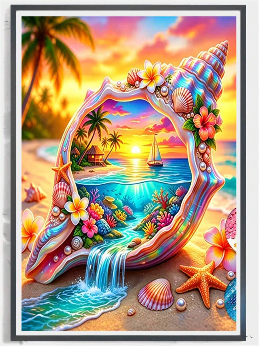 1pc Diamond Painting Kit, Dreamy Sunset Beach Seashell Landscape Diamond Art, Handmade Rhinestone Decor Painting, Tropical Ocean Style Living Room Wall Art, Holiday Gift