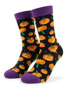 1 Pair Of Men Crew Sock, Halloween Pumpkin Jack‑O‑Lantern Pattern Socks, Soft Warm, Fall Winter,Halloween Christmas Gift For Men For Women - Multicolor - View 7