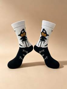 2 Pairs Halloween Couple Mid-Calf Socks, Women's, Haunted House, Skeleton, Bat, Scarecrow And Pumpkin Patterns, Collegiate Style Socks, Halloween Fun Casual Socks, Suitable For Daily Wear. - Multicolor - View 9