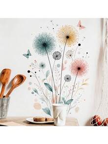 1pc Morandi Watercolor Dandelion Butterfly Wall Sticker, Minimalist Nordic Removable Self-Adhesive Wall Decal, Kitchen Living Room Warm Soft Natural Home Decor - Morandi Watercolor Dandelion - View 1