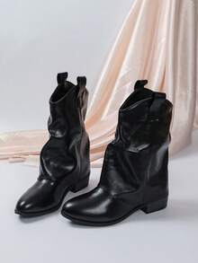 Black Chelsea Ankle Boots, Round Toe Chunky Heel Shaft Boots, Versatile Commuter Boots, Suitable For Daily, Work, Date, Fashion Styling - Black - View 7