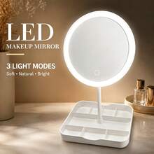 Espejo de maquillaje LED con luz de 3 colores & 3 niveles de atenuación, CRI 95 alta reproducción de color, control táctil, con base de almacenamiento, recargable por USB, 500mAh - BS-06 - Ver 11