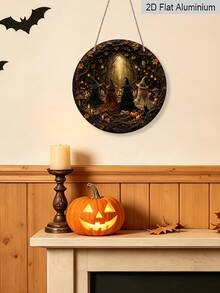 1pc Halloween Forest Witch Aluminum Hanging Decoration, 2D Flat Gothic Style Halloween Decoration, Halloween Gift, Gift For Witch Lovers, Home, Room, Entryway, Party, Cafe Decoration - Round - View 7