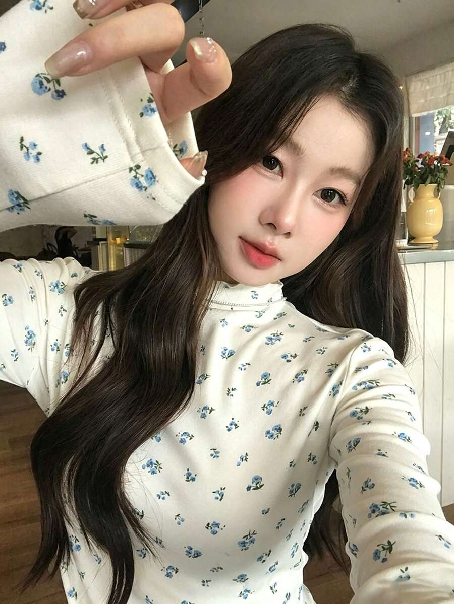 女款小碎花假領長袖T恤上衣(隨機小碎花) - 白色 - 查看 1