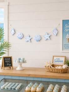 1pc Ocean Theme Party Decoration Banner Garland, Summer Beach Style Blue & White Shell Wall Banner, Nordic Style Ocean Theme Wall Decor, Seaside Vacation Home Decor Marine Life Ornament - Ocean Theme - View 12