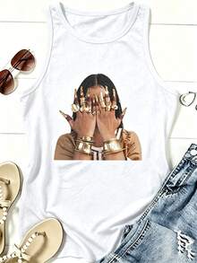 Women Round Neck Vest Top, Portrait Graphic Printed Top, Suitable For Spring, Summer And AutumnUnisex Vintage Washed Tank Top - 白色 - 查看 1