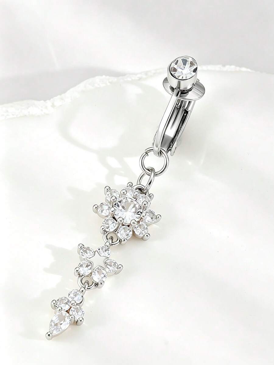 1pc Fashionable Silver Sexy Vintage Luxury Exaggerated Star & Flower Pendant Belly Piercing Jewelry, Suitable For Daily Wear, Party, Date, Holiday, Music Festival, Summer Beach Vacation, Memorial Gift For Friends, Family, Couples, Women, Original Design - Silver - View 1