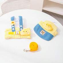 Set Perlengkapan Jalan-jalan Hewan Peliharaan Motif Kotak-kotak Kuning, Topi Anak Ayam Berbulu, Harness dan Tali yang Dapat Diatur, Harness Model Rompi, Cocok untuk Anjing dan Kucing Kecil - Kuning - View 6