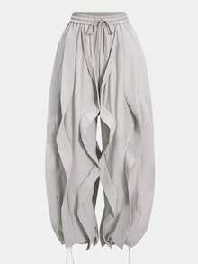 Celana Parasut Wanita Warna Polos dengan Ruffle, Celana Panjang Lebar dengan Tali Serut Elastis di Pinggang Tinggi, Bahan Tenun Gaya Kasual untuk Semua Musim - Light Grey - View 4