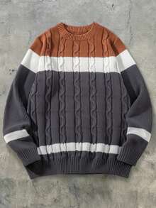 1pc Boys/Teenagers Back To School Season Simple Versatile Autumn/Winter New College Style Color Block Sweater - Brown - View 5