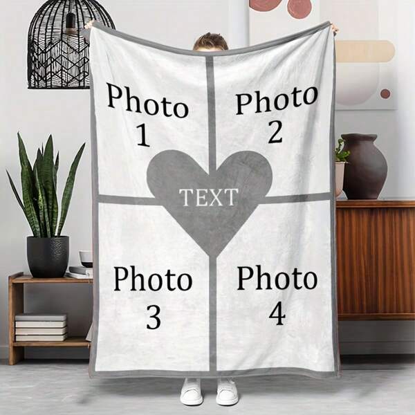 Personalized Single Flannel Blanket, Printed With Photo And Heart Pattern, Lightweight And Soft Texture, Ideal Gift For Family And Friends
