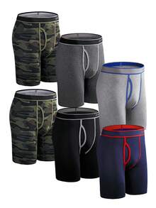 6pcs Men's Long Front-Opening Boxer Briefs Letter Waistband Camouflage Print Long Underwear Shorts Suitable For Sports And Daily Wear - Multicolor - View 13