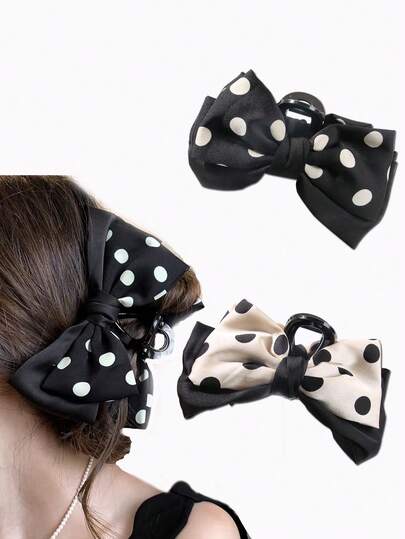 2pcs Elegant Gentle Black & White Polka Dot Bow Hair Claw Clips, Large Shark Hair Clips For Thick Hair, Half-Up High Ponytail, Non-Slip Hair Fixing Clips For Back Of Head, Suitable For Outings, Shopping, Dating, Parties, Gatherings, Performances, Afternoon Tea, Versatile High-End Style, Ideal Gift For Valentine's Day, Back To School, Thanksgiving, Birthday