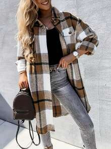 Fall Outfits, Brown White Plaid Oversized Long Flannel Shirt Jacket, Lapel Pocket Button Down Loose Shacket Coat - Khaki - View 5