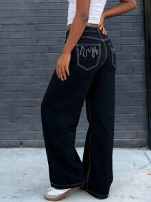 Women's Flame Embroidered Loose Straight Leg Denim Jeans - Black - View 6