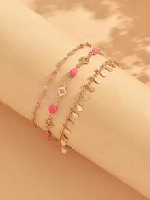 3pcs/Set Elegant Elegant Bracelet Hollow Four-Leaf Clover Pink Enamel With Water Drop Tassel Chain Fashion Versatile Gold Women's Hand Jewelry Suitable For Daily Wear And Dating Vacation - Multicolor - View 3