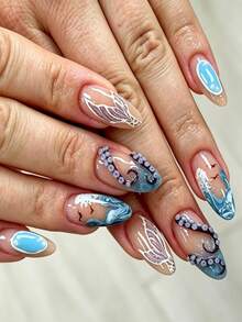 10片中長杏仁形穿戴甲 Y2K海洋仙子風 手繪波浪海鷗美人魚尾 3D紫色珠飾觸手圖案 裸色漸層藍色漩渦亮面 女款 夏季海灘度假日常美人魚Cosplay穿戴甲套裝 - 彩色 - 查看 2