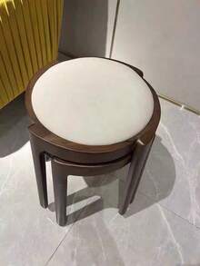 Solid Wood Stool Home Use Stackable Upholstered Bench Living Room Minimalist Modern Sturdy Durable Small Round Stool Dining Table Chair - Beige - View 6