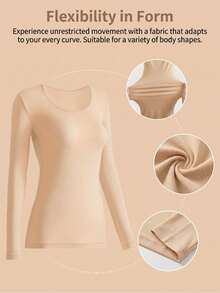 Lilivine 3pcs Women's Solid Beige Round Neck Long Sleeve Soft Thermal Base Layer Tops, Winter Daily Wear - Apricot - View 10