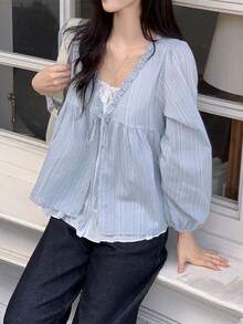 Korean Style Sweet Youthful Ruffle Petal Sleeve 2 In 1 Striped Loose Long Sleeve Blouse Top - Blue - View 3