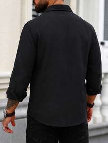Men's Long Sleeve Button-Down Relaxed Fit Linen-Blend Shirt - Black - View 2
