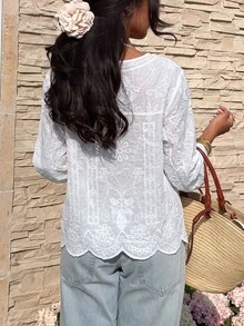 Vacation White Boho Eyelet Cutout Blouse Loose Petal Sleeve Scallop Hem Front Placket Shirt For Summer Street Daily Matching - White - View 7